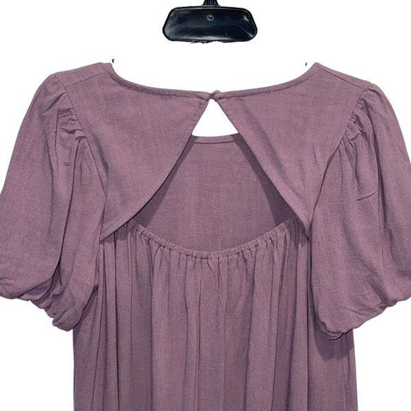 Wasabi+Mint Rayon Linen Puff Sleeve Cut Out Mini Swing Dress Purple NWT Medium - Picture 3 of 7